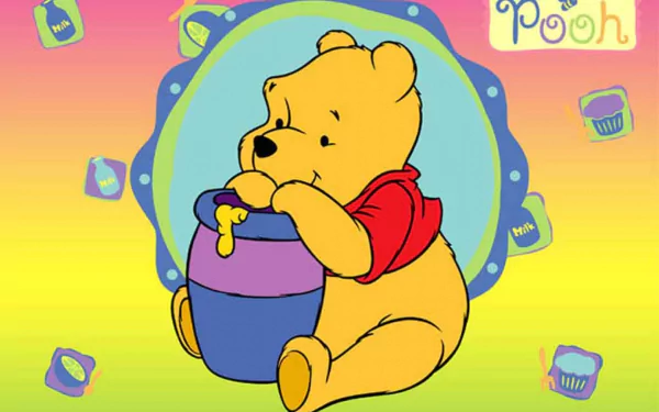 A vibrant HD desktop wallpaper featuring Winnie the Pooh contentedly sitting beside a honey pot, surrounded by playful icons and a cheerful background.