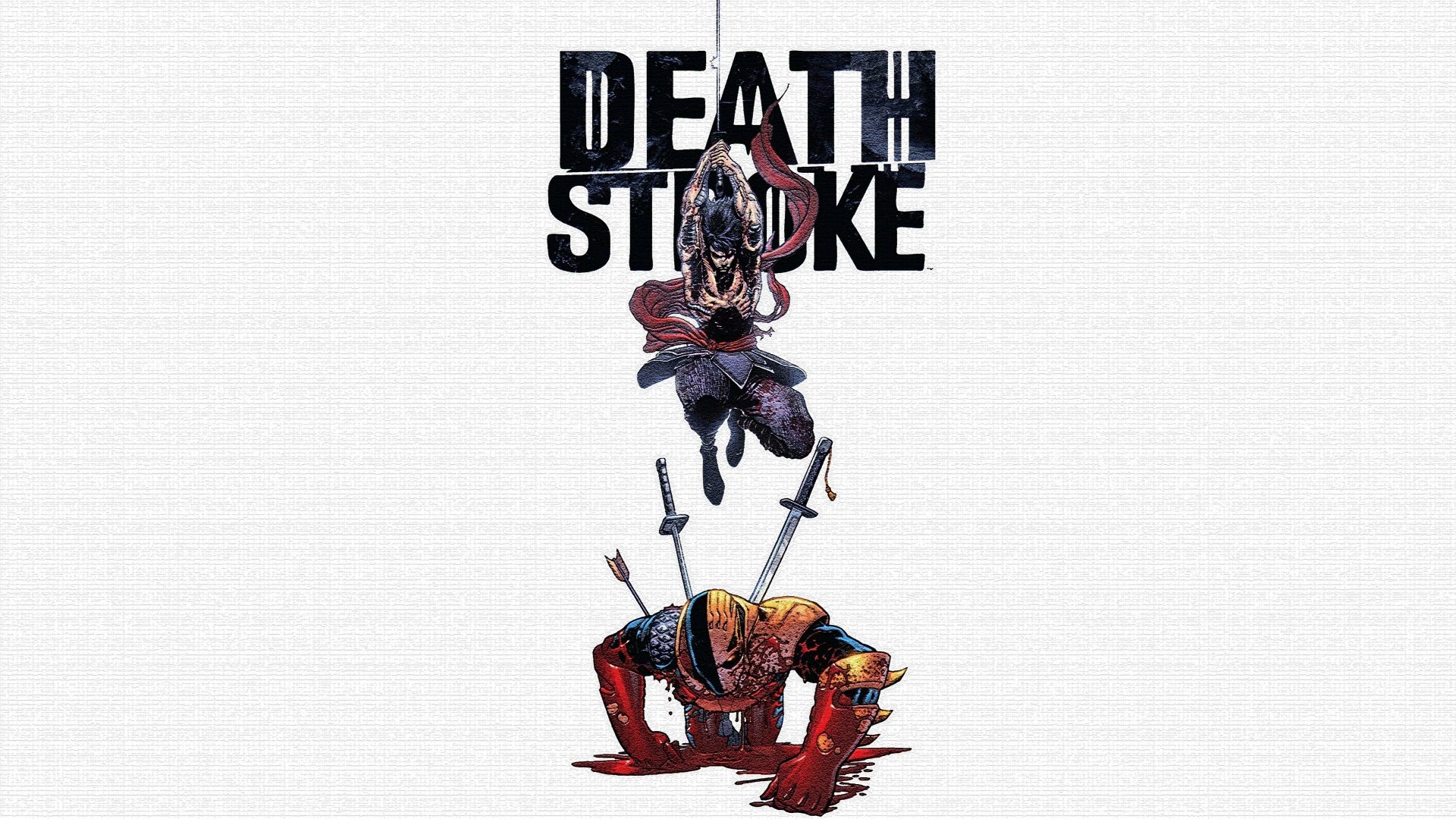 Comic-style Deathstroke depicted in dynamic action, featured in a 4K Ultra HD PC desktop wallpaper and background with bold typography.