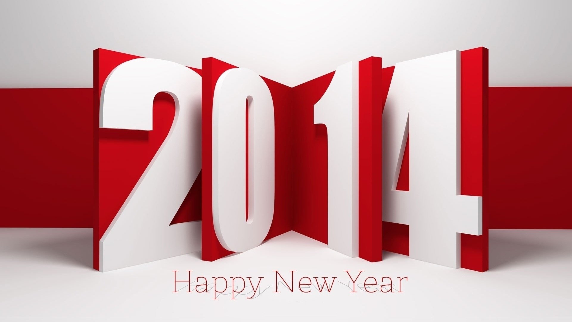 HD PC desktop wallpaper showing bold red-and-white 3D 2014 numerals with Happy New Year text — festive New Year holiday background.