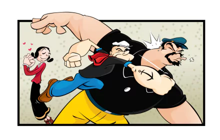 HD desktop wallpaper featuring Popeye from the TV show, depicted in a dramatic punch scene with Bluto while Olive Oyl looks on affectionately in the background.