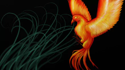 A vibrant phoenix with fiery orange and yellow feathers soars against a dark backdrop, surrounded by flowing, green wisps, creating a striking fantasy-themed desktop wallpaper.