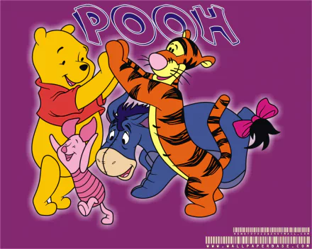 Colorful HD wallpaper featuring beloved characters from the TV show Winnie the Pooh, including Pooh, Tigger, Piglet, and Eeyore, happily interacting against a vibrant background.
