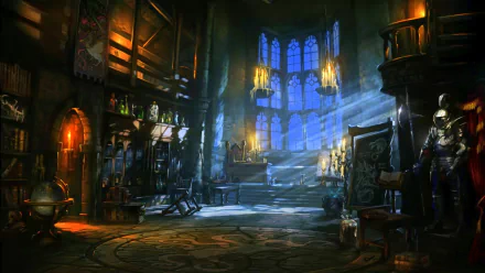 HD PC desktop wallpaper and background: atmospheric video game Book of Spells scene, candlelit gothic library with spellbooks, armor, glowing runes and light streaming through stained-glass windows.