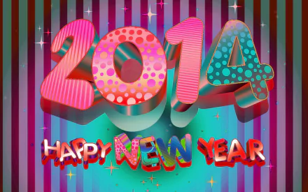 Colorful 3D 2014 text with festive Happy New Year lettering and sparkling stars on a striped background, designed as a HD PC desktop wallpaper for the New Year holiday.
