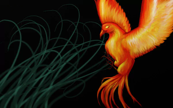 A vibrant phoenix with fiery orange and yellow feathers soars against a dark backdrop, surrounded by flowing, green wisps, creating a striking fantasy-themed desktop wallpaper.