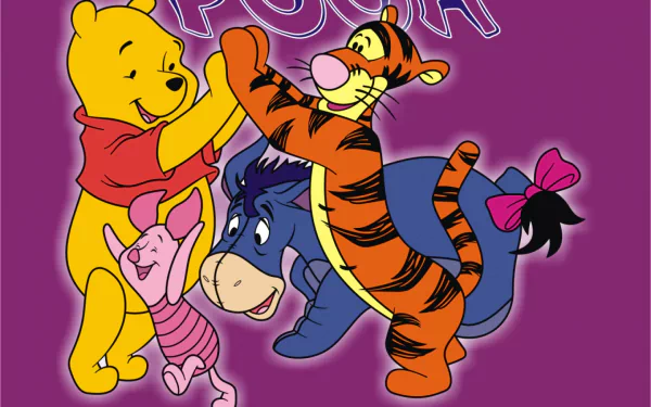 Colorful HD wallpaper featuring beloved characters from the TV show Winnie the Pooh, including Pooh, Tigger, Piglet, and Eeyore, happily interacting against a vibrant background.
