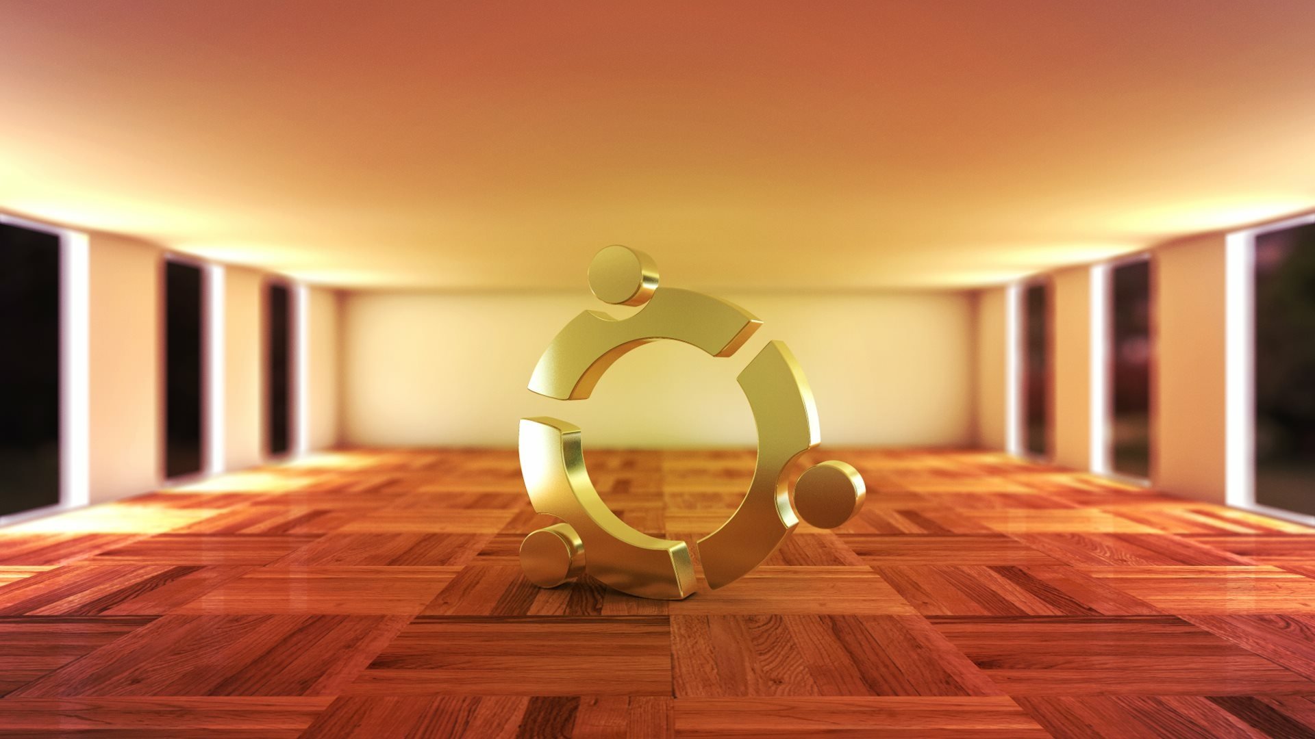 3D golden Linux Ubuntu logo displayed in a spacious, warmly lit room with a polished wooden floor, designed as an HD technology-themed PC desktop wallpaper.