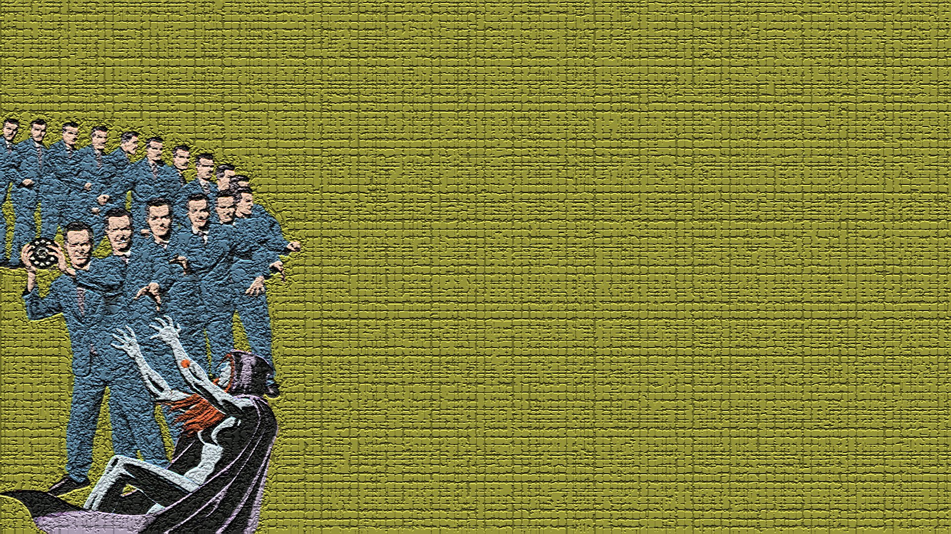 HD PC desktop wallpaper featuring comic-style art from Dial H, showing multiple identical men standing behind a masked figure on an olive-green textured background.