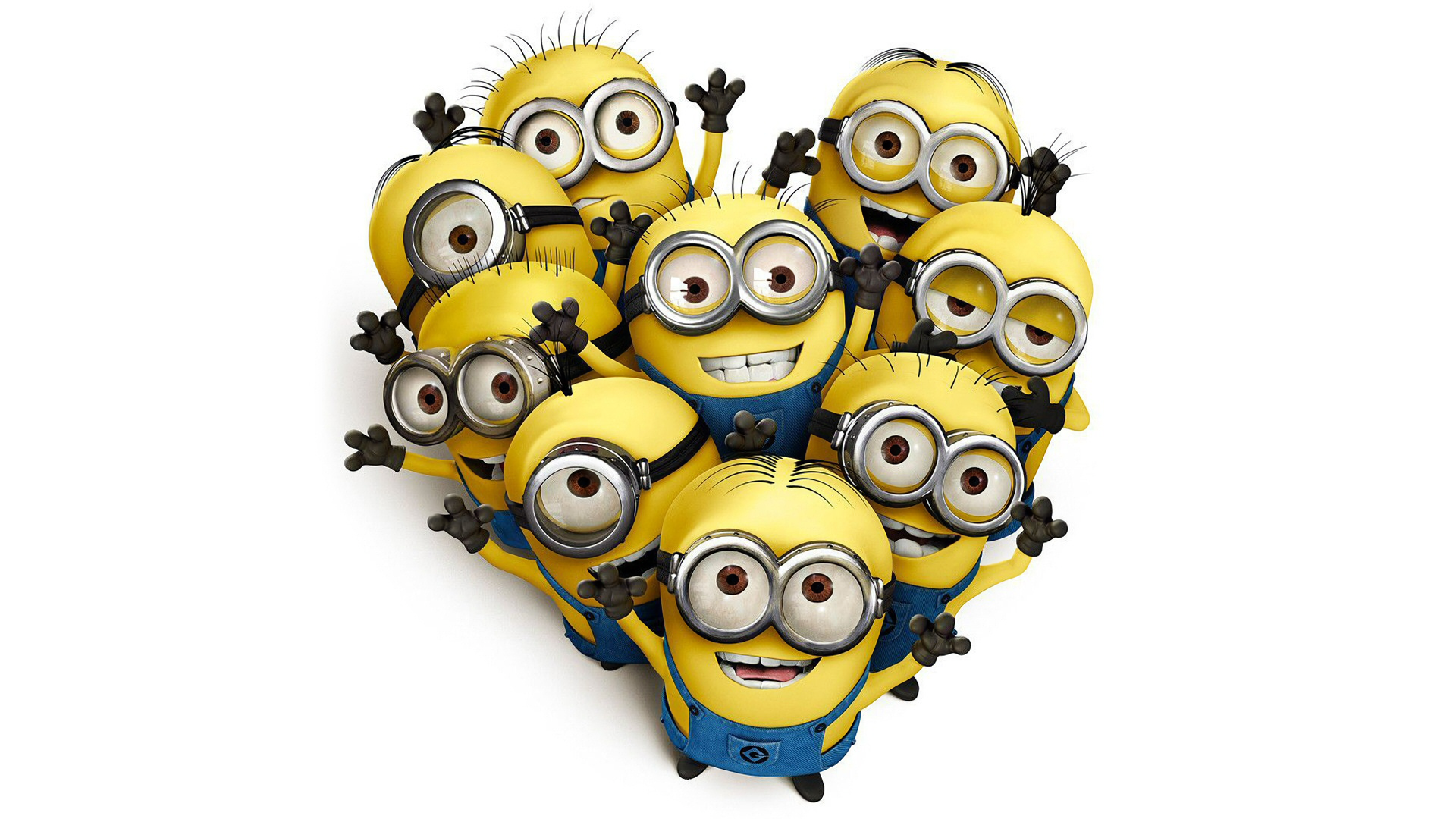 HD wallpaper featuring a group of cheerful Minions from the movie Despicable Me, standing closely together and smiling.