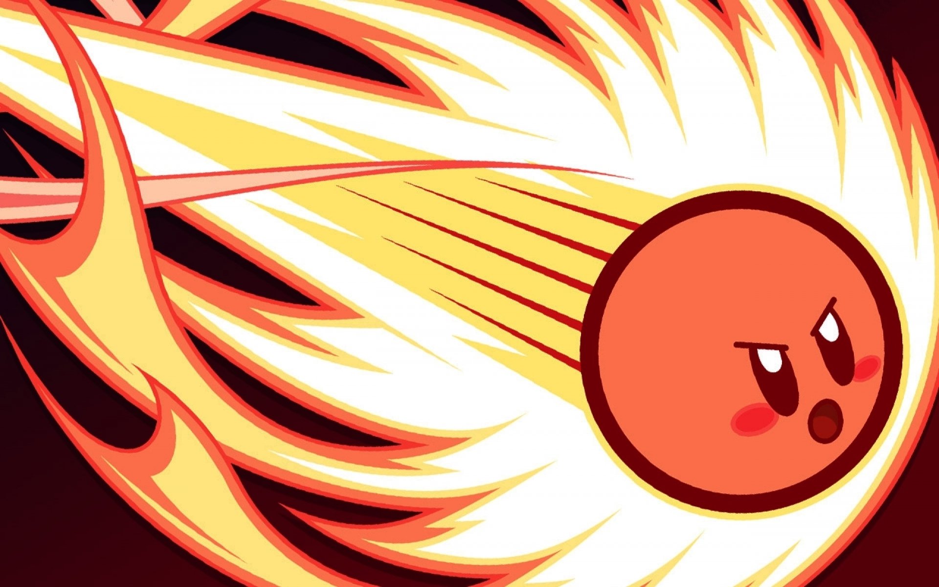 HD desktop wallpaper featuring Kirby zooming through a fiery background.