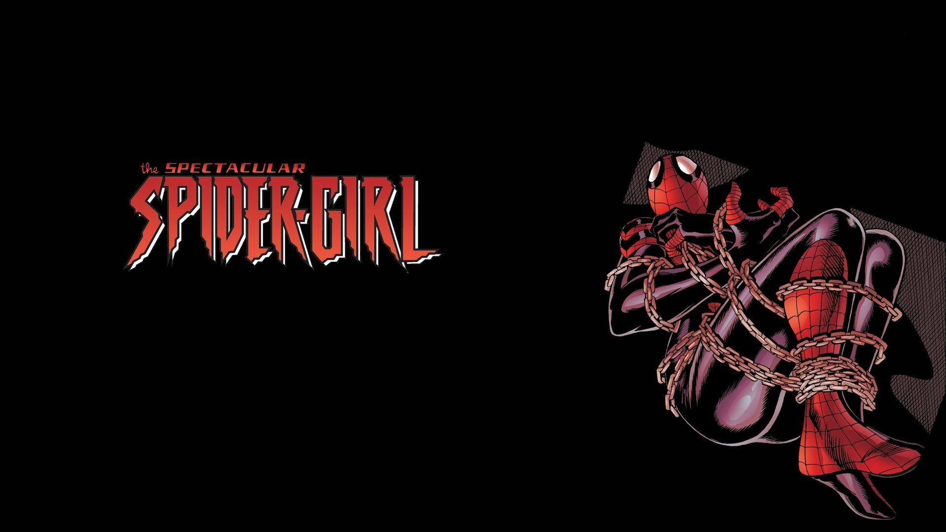 A striking HD desktop wallpaper featuring Spider-Girl in a dynamic pose, accompanied by bold text displaying The Spectacular Spider-Girl, set against a dark background.