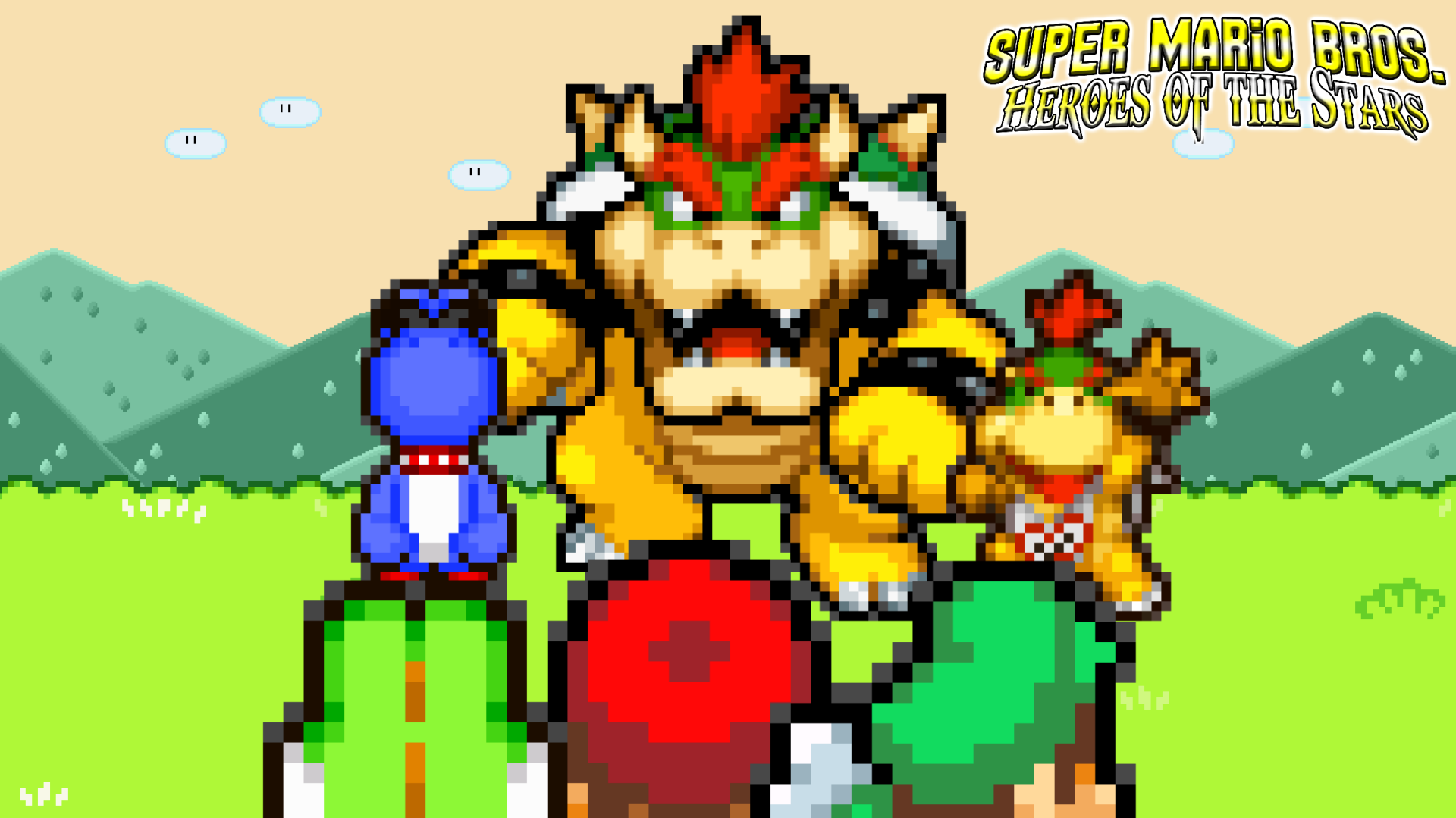 HD desktop wallpaper from Super Mario Bros. featuring pixel art of Bowser, Bowser Jr., Mario, Yoshi, and Luigi.