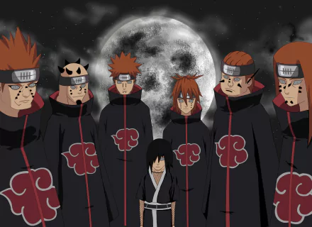 HD desktop wallpaper featuring Pain from Naruto standing with Akatsuki members, set against a full moon backdrop.