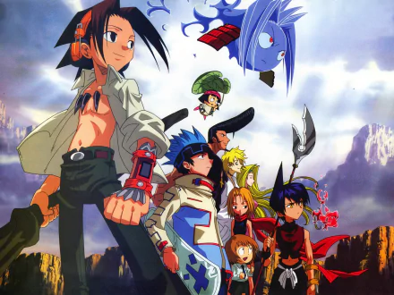 HD desktop wallpaper featuring characters from the anime Shaman King standing against a mountainous backdrop, showcasing the anime’s vibrant art style and dynamic composition.