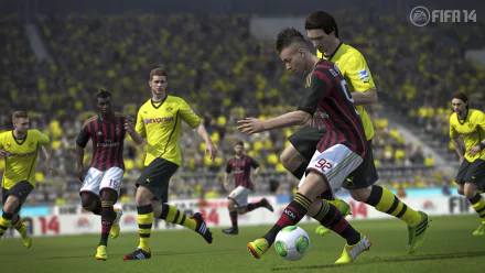 A dynamic scene from FIFA 14, showcasing intense gameplay with players in action on a vibrant stadium backdrop, presented as a stunning 4K Ultra HD PC desktop wallpaper.