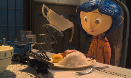HD PC desktop wallpaper from the movie Coraline, featuring Coraline with blue hair gazing at a mechanical toy serving a plate of food.