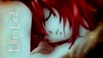 A serene HD wallpaper featuring Lucy from the anime Elfen Lied, peacefully resting with her vibrant red hair, embodying the show's unique art style.