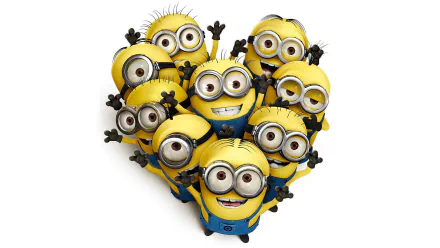 HD wallpaper featuring a group of cheerful Minions from the movie Despicable Me, standing closely together and smiling.