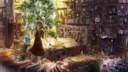 Anime-style HD desktop wallpaper featuring a girl with long hair reading a book among a room full of shelves, books, bottles, and a lush tree.