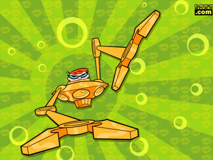 A vibrant HD wallpaper featuring Dexter from Dexter's Laboratory in a yellow and green abstract background, showcasing his iconic laboratory setup.