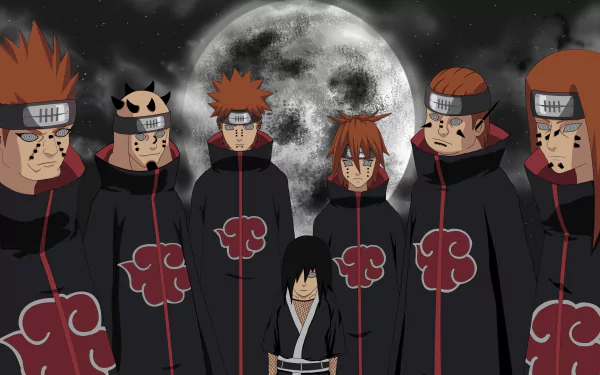 HD desktop wallpaper featuring Pain from Naruto standing with Akatsuki members, set against a full moon backdrop.