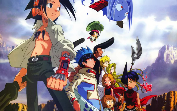HD desktop wallpaper featuring characters from the anime Shaman King standing against a mountainous backdrop, showcasing the anime’s vibrant art style and dynamic composition.