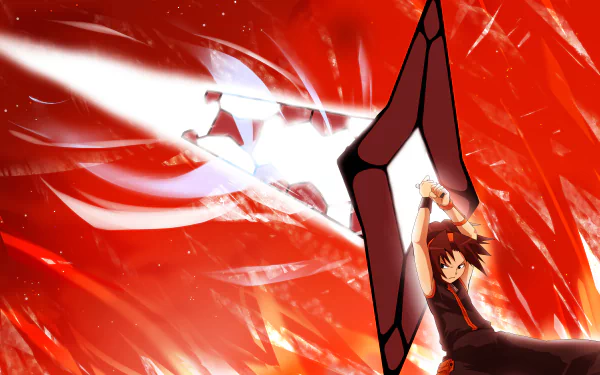 A dynamic HD wallpaper featuring Yoh Asakura from Shaman King, showcasing his powerful spirit energy and intense action set against a vibrant red backdrop.