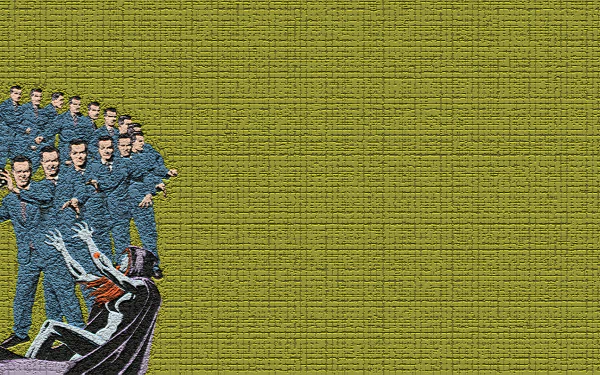 HD PC desktop wallpaper featuring comic-style art from Dial H, showing multiple identical men standing behind a masked figure on an olive-green textured background.