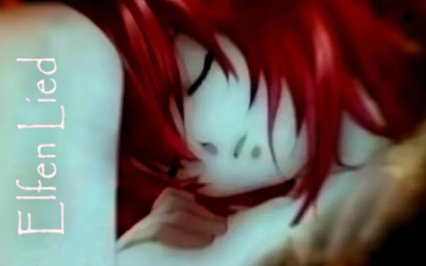 A serene HD wallpaper featuring Lucy from the anime Elfen Lied, peacefully resting with her vibrant red hair, embodying the show's unique art style.