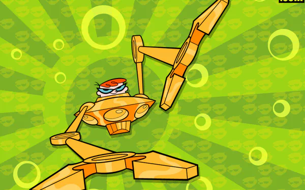 A vibrant HD wallpaper featuring Dexter from Dexter's Laboratory in a yellow and green abstract background, showcasing his iconic laboratory setup.