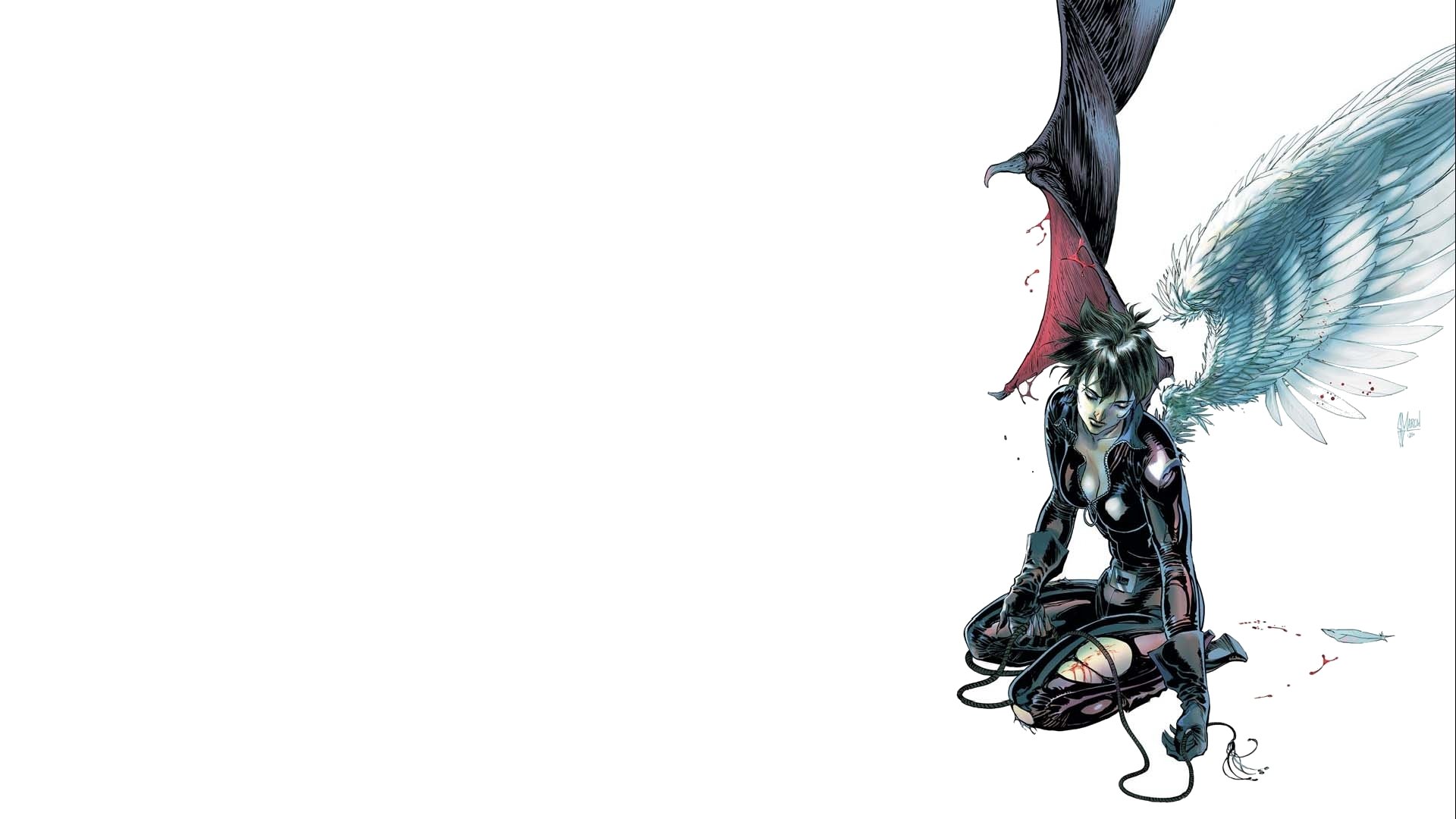 HD PC desktop wallpaper featuring a Gotham City Sirens comic character with dark wings, blending gothic and fantasy elements in a striking artistic style.