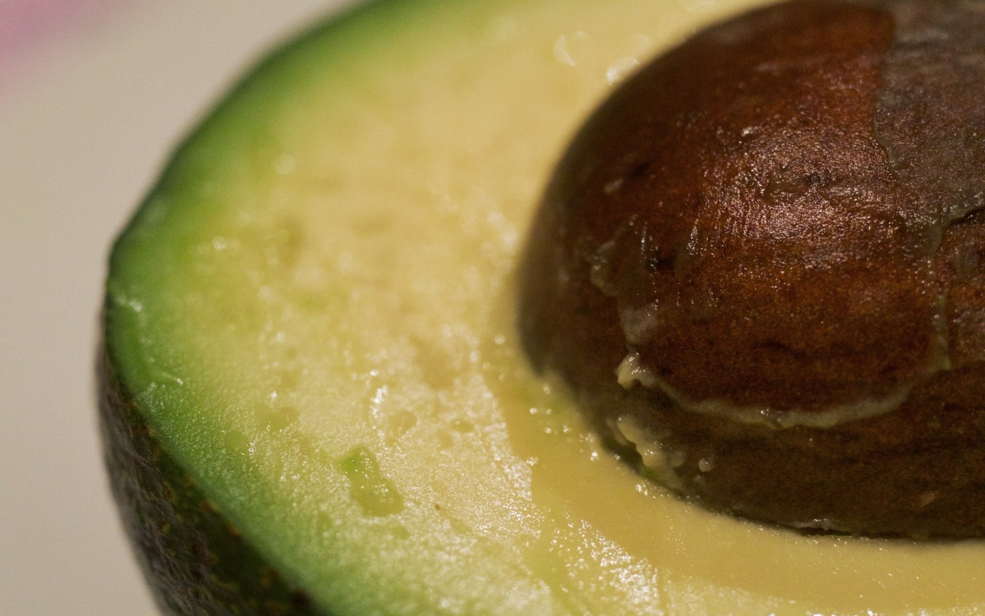 Close-up HD desktop wallpaper of a ripe avocado half, showcasing its creamy green flesh and large brown seed.
