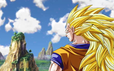 HD wallpaper of Goku in Super Saiyan 3 form from Dragon Ball Z, positioned against a vibrant landscape with clear skies.