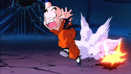 HD wallpaper of Krillin from Dragon Ball Z, looking frightened and running away from an explosion.