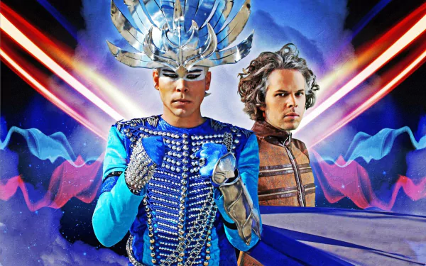 HD PC desktop wallpaper: music-themed Empire Of The Sun artwork featuring two flamboyant sci‑fi costumed figures amid neon beams and cosmic wave patterns.