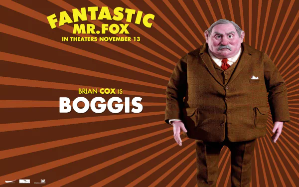 HD PC desktop wallpaper from the movie Fantastic Mr. Fox showing the rotund farmer Boggis in a brown suit against radiating orange stripes with bold title text.