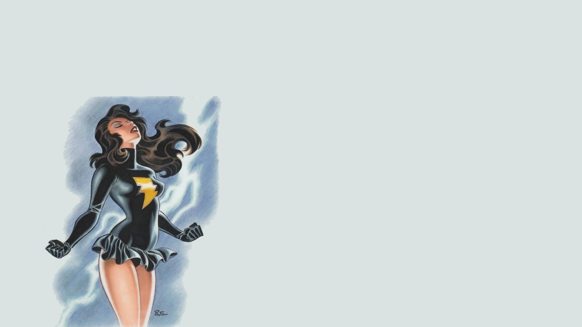 HD PC desktop wallpaper featuring a comic-style illustration of Mary Bromfield in a black costume with a lightning bolt emblem.