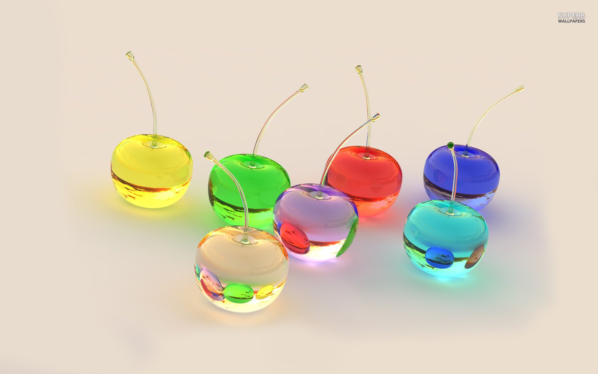 HD desktop wallpaper featuring colorful translucent cherries in yellow, green, red, blue, and other hues on a light background, blending food and artistic design.