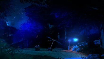 A glowing blue fantasy landscape at night featuring a bridge over a lake, surrounded by trees, bushes, and forest elements under a dark sky.