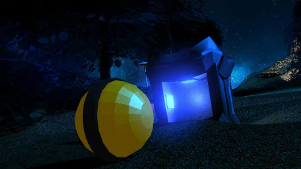 A glowing blue sci-fi robot and a yellow spherical object rest by a lake under a night sky, framed by trees and a bridge, creating a vivid HD PC desktop wallpaper.