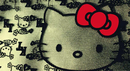 HD desktop wallpaper featuring a graphic design of Hello Kitty with her signature red bow on a patterned background.