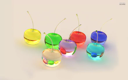 HD desktop wallpaper featuring colorful translucent cherries in yellow, green, red, blue, and other hues on a light background, blending food and artistic design.