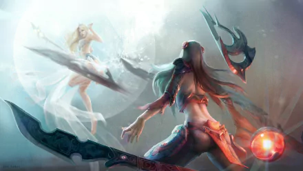 HD desktop wallpaper featuring Janna and Irelia from League of Legends, depicted in dynamic combat poses within a mystical, ethereal battlefield.
