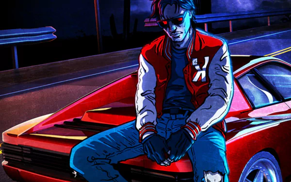 HD PC desktop wallpaper featuring a stylized illustration of Kavinsky sitting on a red sports car at night, with a music-inspired dark urban background.