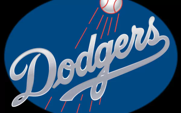 HD PC desktop wallpaper featuring the Los Angeles Dodgers logo with a baseball and dynamic red streaks on a blue oval background, representing the iconic sports team.