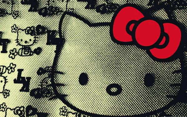 HD desktop wallpaper featuring a graphic design of Hello Kitty with her signature red bow on a patterned background.
