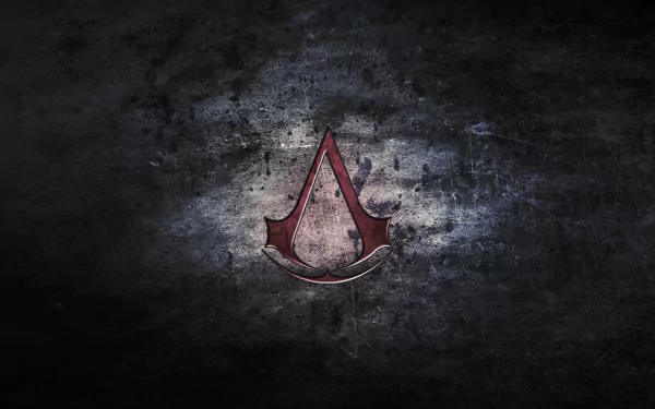 HD desktop wallpaper featuring the Assassin's Creed logo with a dark, textured background. The image is tagged with Ezio (Assassin's Creed), video game, Assassin's Creed.