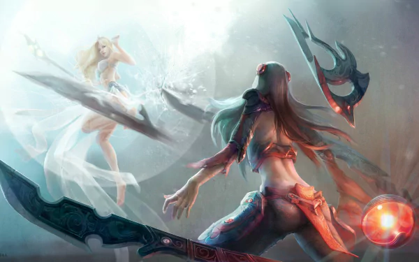 HD desktop wallpaper featuring Janna and Irelia from League of Legends, depicted in dynamic combat poses within a mystical, ethereal battlefield.