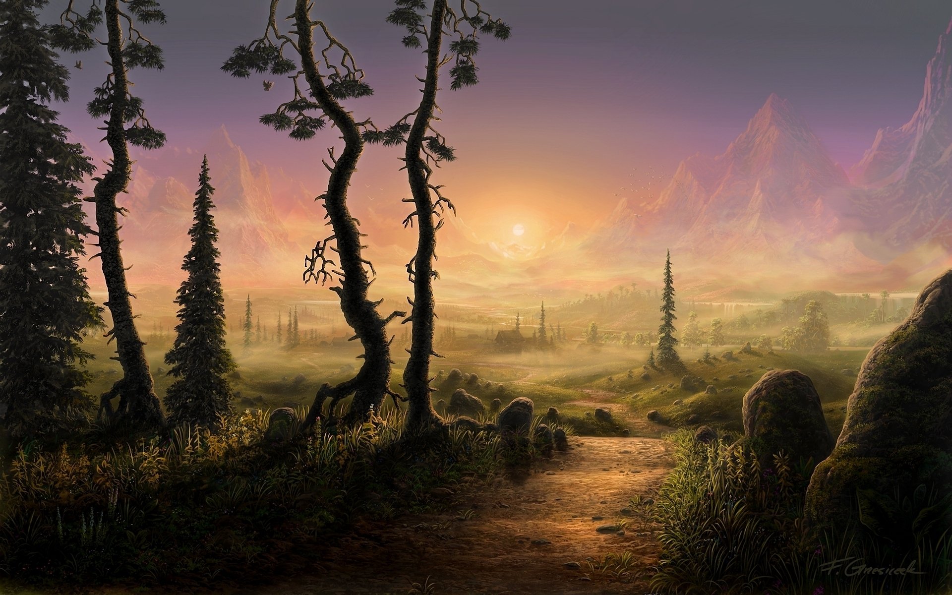 A fantasy landscape at sunset with twisted trees, rocky terrain, and distant mountains under a colorful sky, rendered in HD for PC desktop wallpaper and background.
