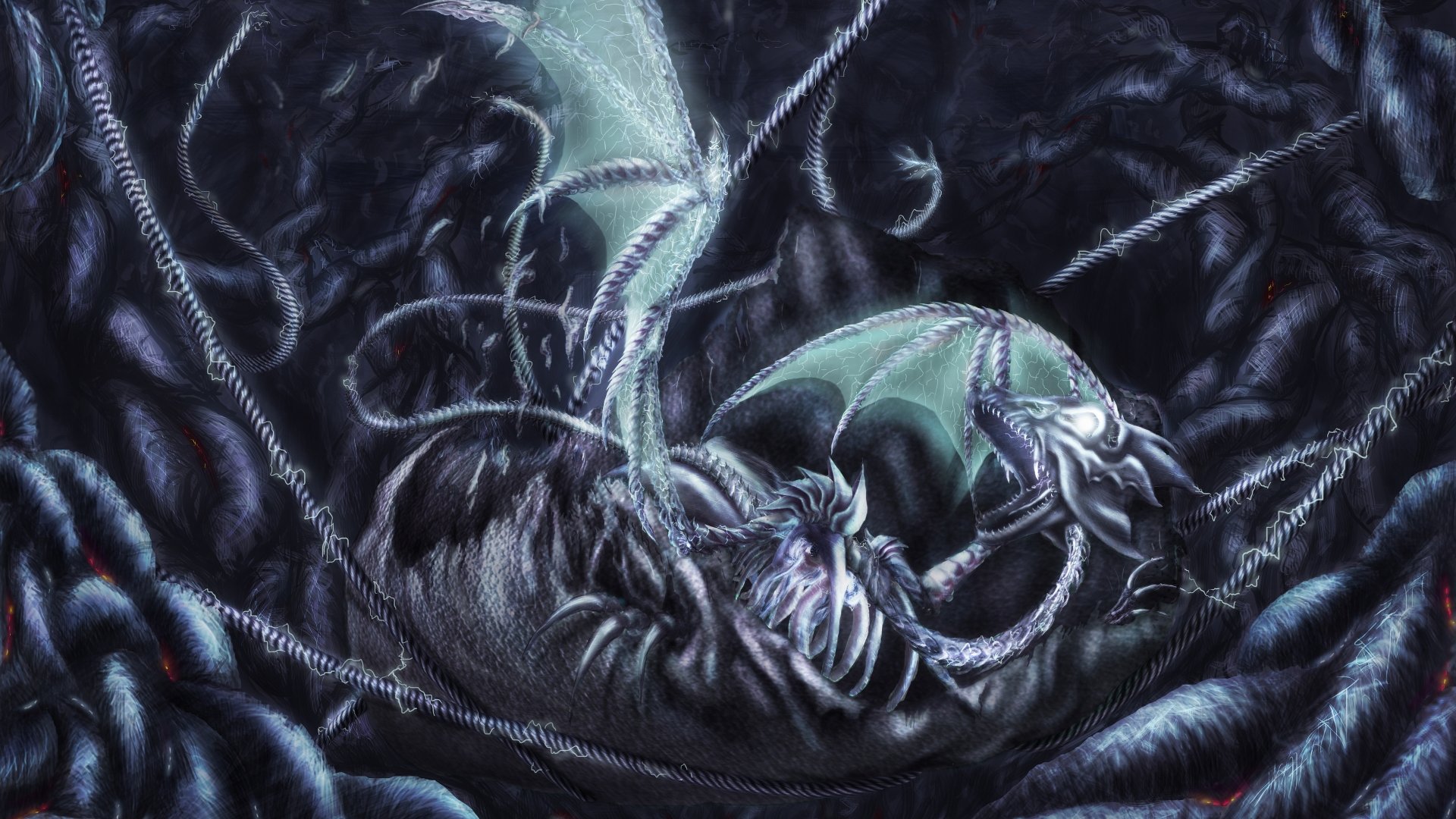 A detailed fantasy dragon entwined in dark tendrils, rendered in stunning 4K Ultra HD as a dramatic PC desktop wallpaper and background.